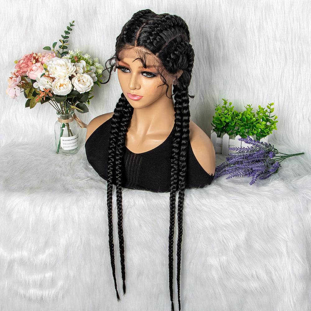 360 Lace Front Long Box Braided Wig 37 Inches Cornrow Braids Wigs 4 Braids Synthetic Knotless Box Braids Lace Front Wigs for Black Women