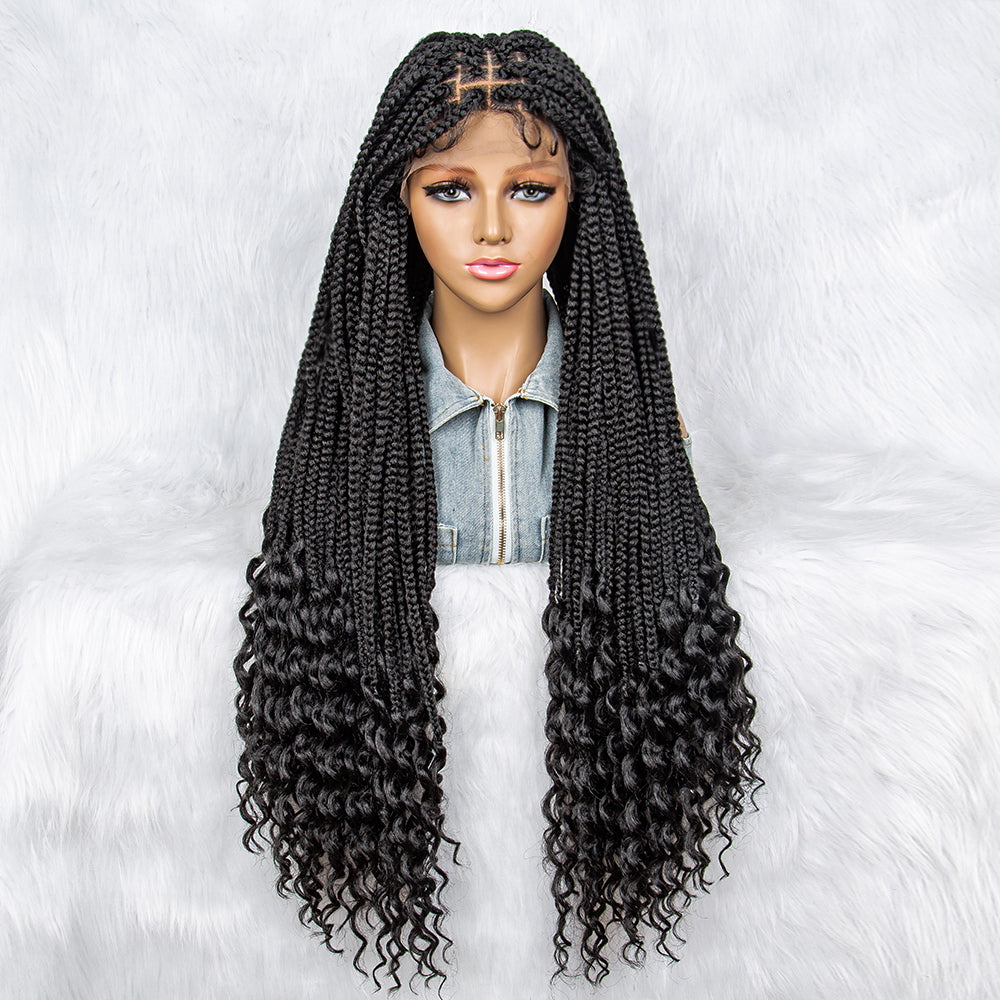 36Inches Curly Synthetic Lace Front Wigs with Baby Hair Long Box Braided Wigs for Black Women Transparent Lace Closure Wig Cronrow Wig Curly Ends