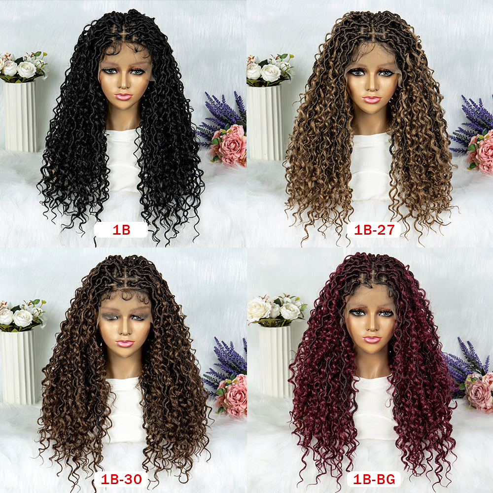 26Inches Synthetic Braided Wigs Box Braid Wigs Curly Ends Square Part Box Braided Lace Front Wigs Pre Plucked with Baby Hair for Women