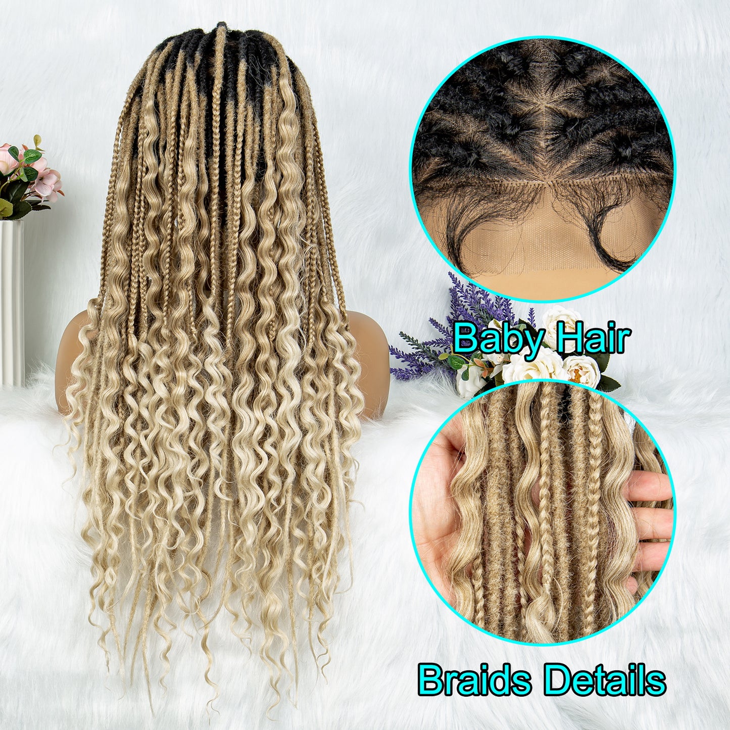 080 27/613 Synthetic Braided Wigs with Baby Hair Black Root Blonde Braided Wig Full Lace Braids Curly Ends Wig for Women