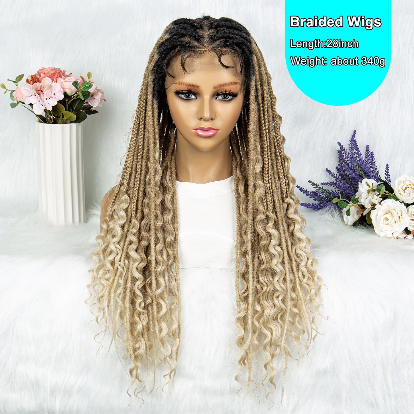 080 27/613 Synthetic Braided Wigs with Baby Hair Black Root Blonde Braided Wig Full Lace Braids Curly Ends Wig for Women