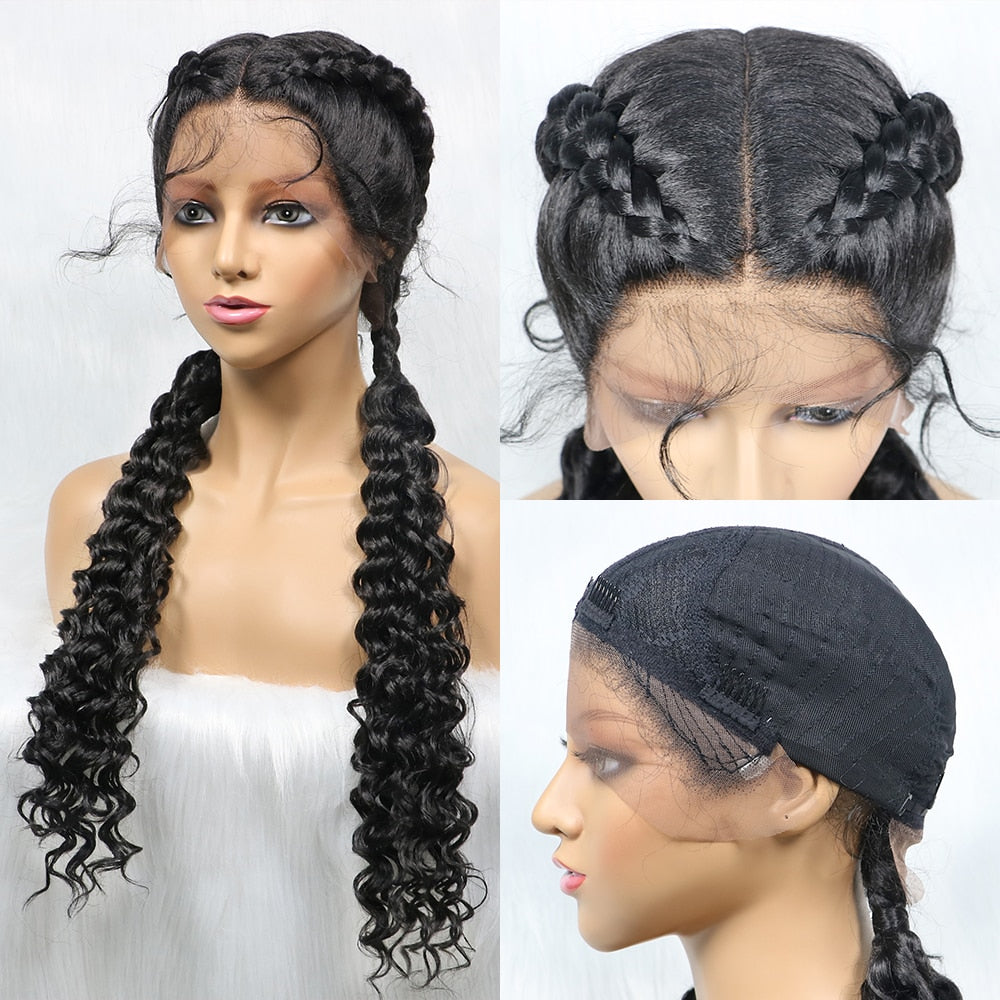 28 Inches Two Tracks Lace Front Braid Synthetic Hair Wig with curl For Black Woman