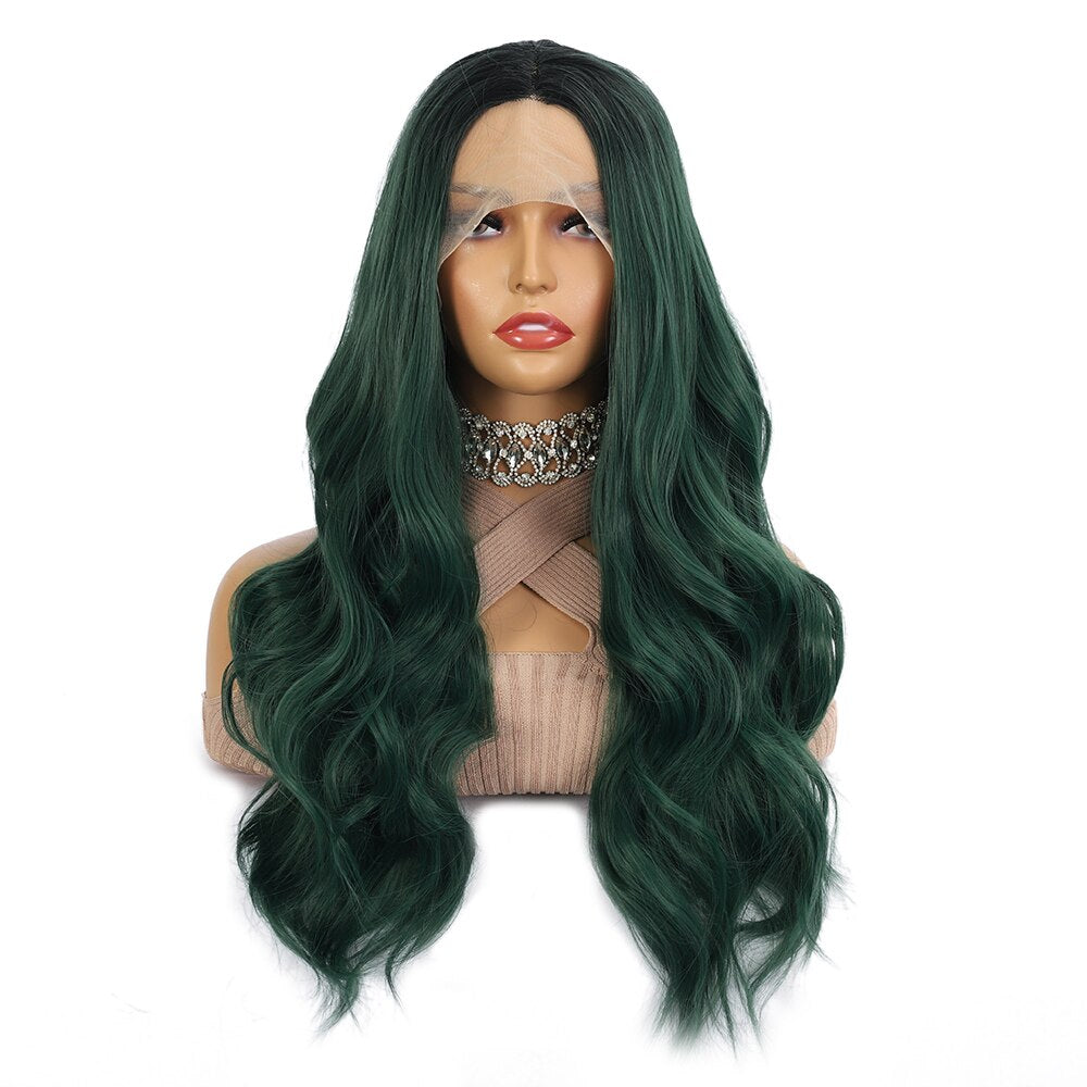 New Arrival T Part Lace Wigs Dark Green Body Wave Synthetic Lace Wig 28 inches