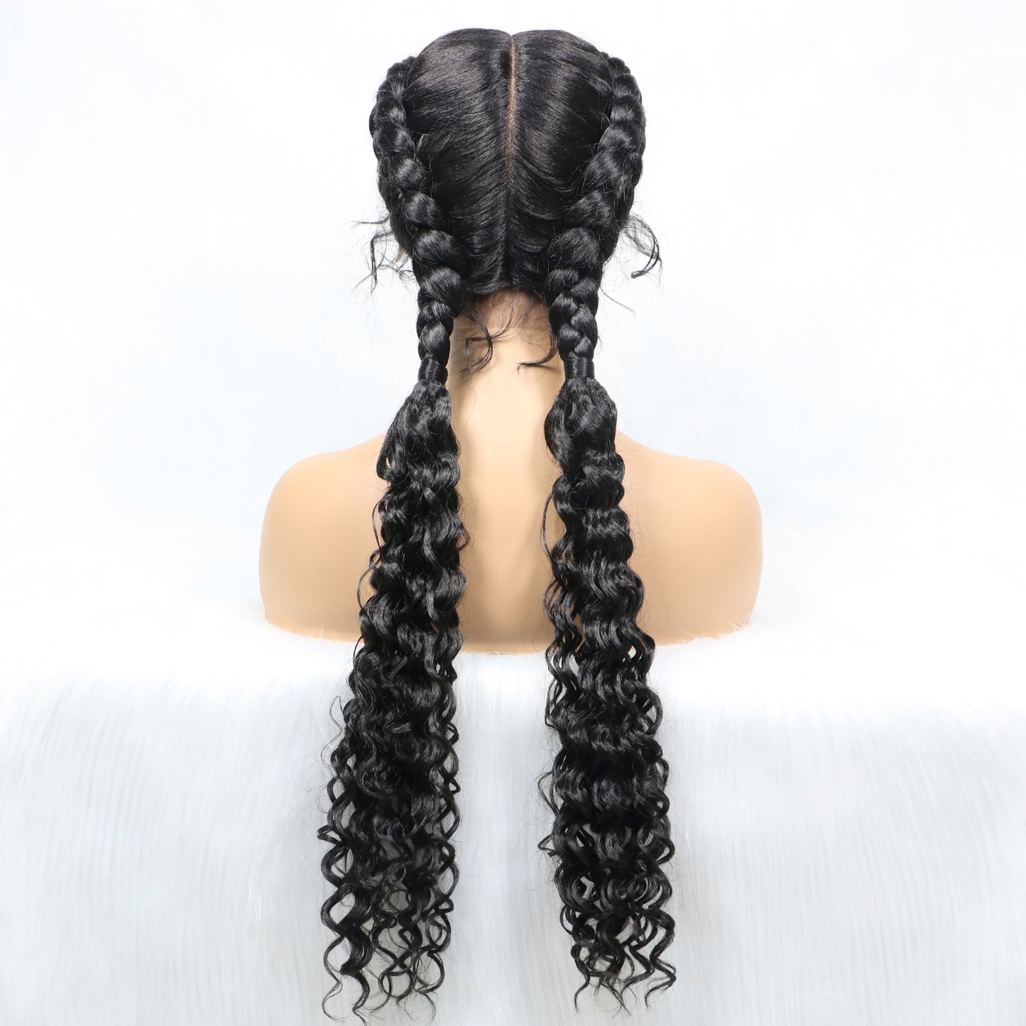 28 Inches Two Tracks Lace Front Braid Synthetic Hair Wig with curl For Black Woman