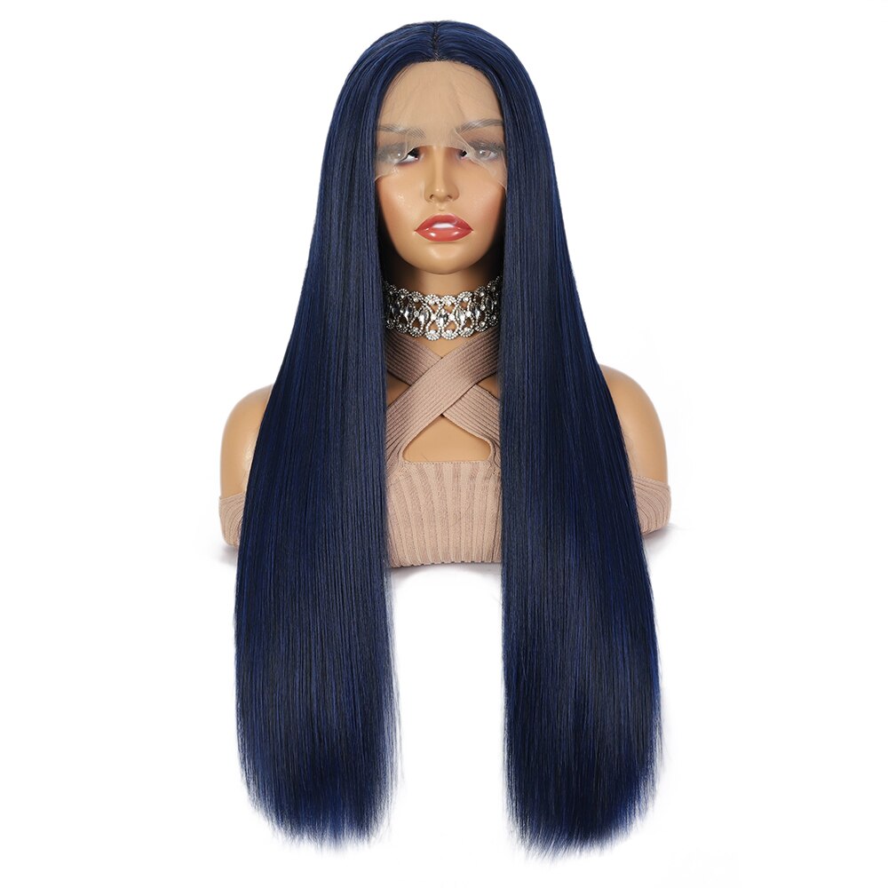 NEW IN Blue Straight Synthetic Lace Wig T Part Lace Wigs 28 inches