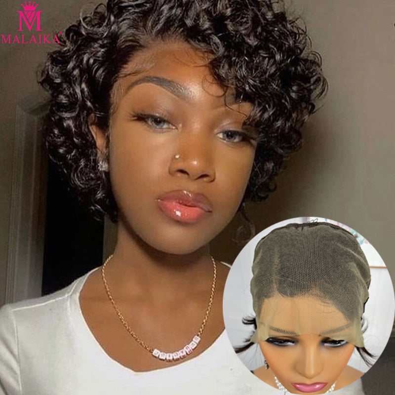 Malaika Human hair Jerry Curly Short Bob 13x4 Lace Front Human Hair Wigs For Women Kinky Pixie Curly Frontal Virgin Wig