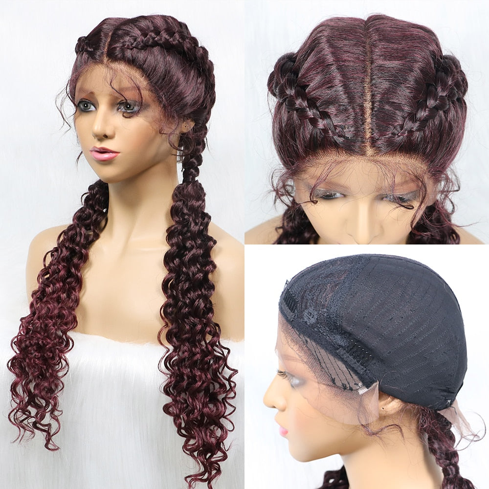 28 Inches Two Tracks Lace Front Braid Synthetic Hair Wig with curl For Black Woman