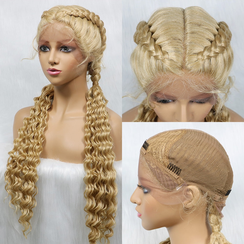 28 Inches Two Tracks Lace Front Braid Synthetic Hair Wig with curl For Black Woman