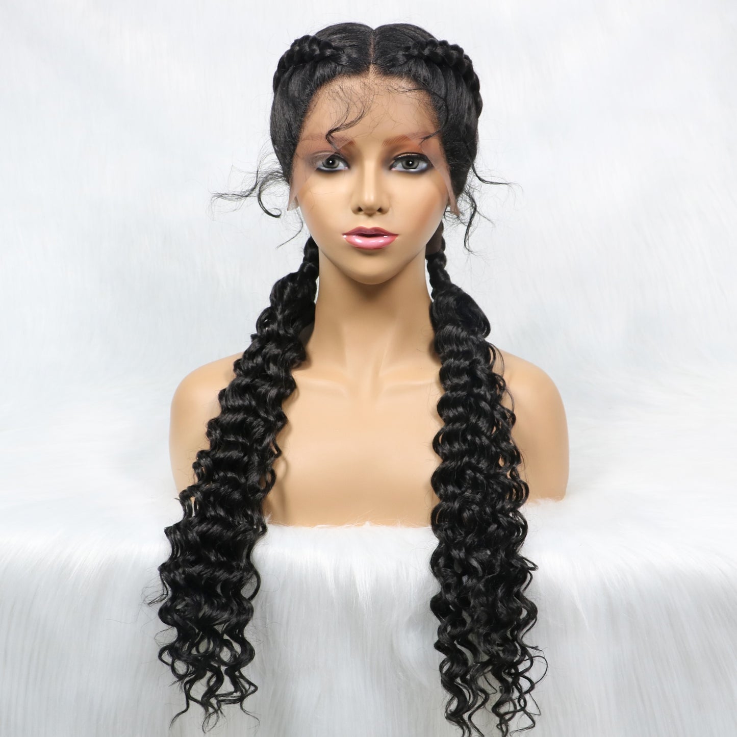 28 Inches Two Tracks Lace Front Braid Synthetic Hair Wig with curl For Black Woman