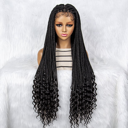 40Inches Long Curly Synthetic Full Lace Braided Wigs Curly Ends Lace Front Cornrow Braiding Knotless Natural Color Braided Wig for Black Women Daily Use