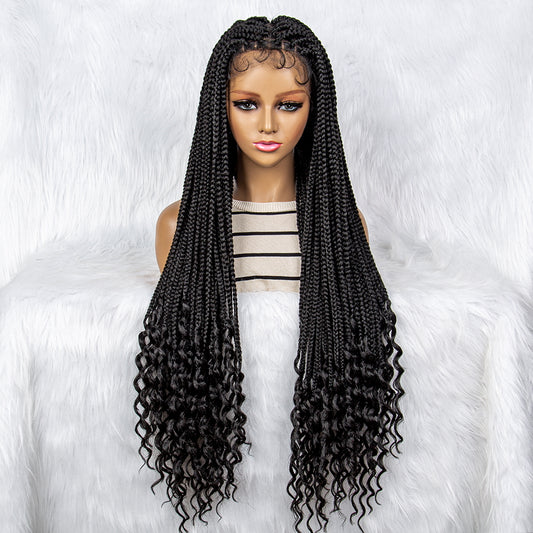 40Inches Long Curly Synthetic Full Lace Braided Wigs Curly Ends Lace Front Cornrow Braiding Knotless Natural Color Braided Wig for Black Women Daily Use