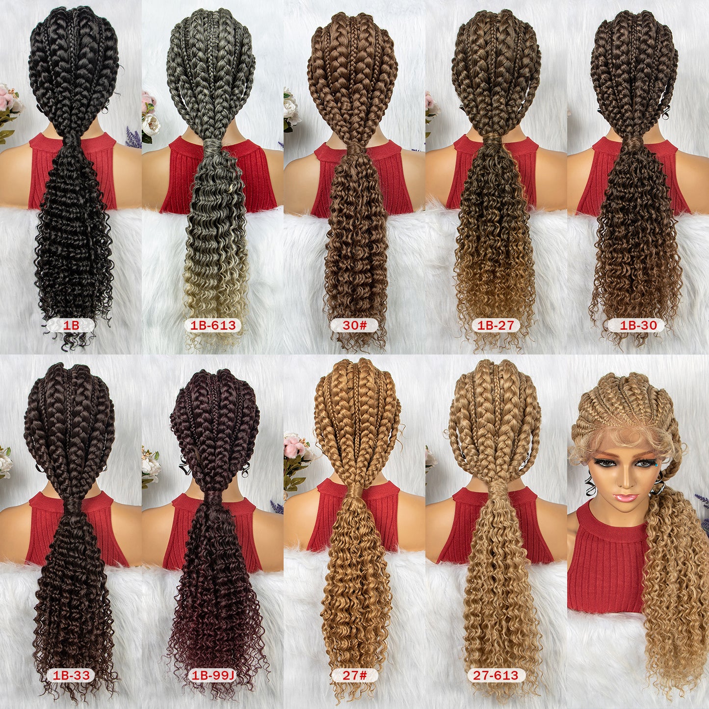 Huge Braid Wig Synthetic Full Lace Braided Wigs with Curly Ends for Black Women Lace Frontal Knotless Box Braiding Hair Wig Cornrow Braids Wigs