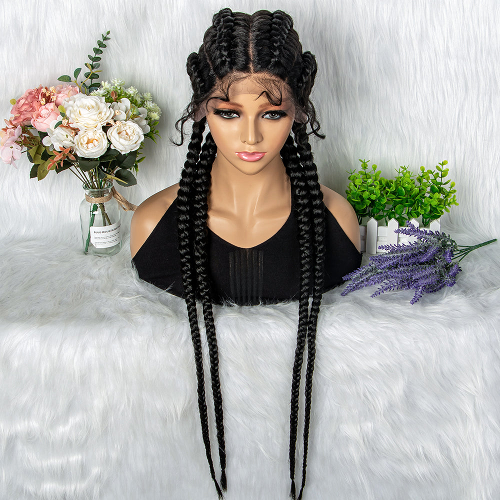 360 Lace Front Long Box Braided Wig 37 Inches Cornrow Braids  Wigs 4 Braids Synthetic Knotless Box Braids Lace Front Wigs for Black Women