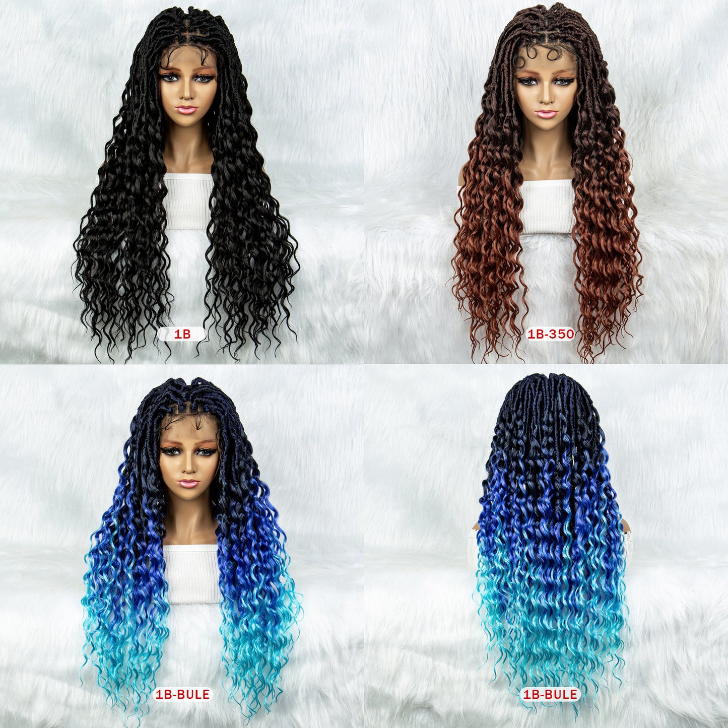 046 Box Braided Full Lace Wigs for Women Dark Brown Ombre Blue Long Goddess Braid Lace Front Wigs Synthetic Braids Wig with Curly Ends