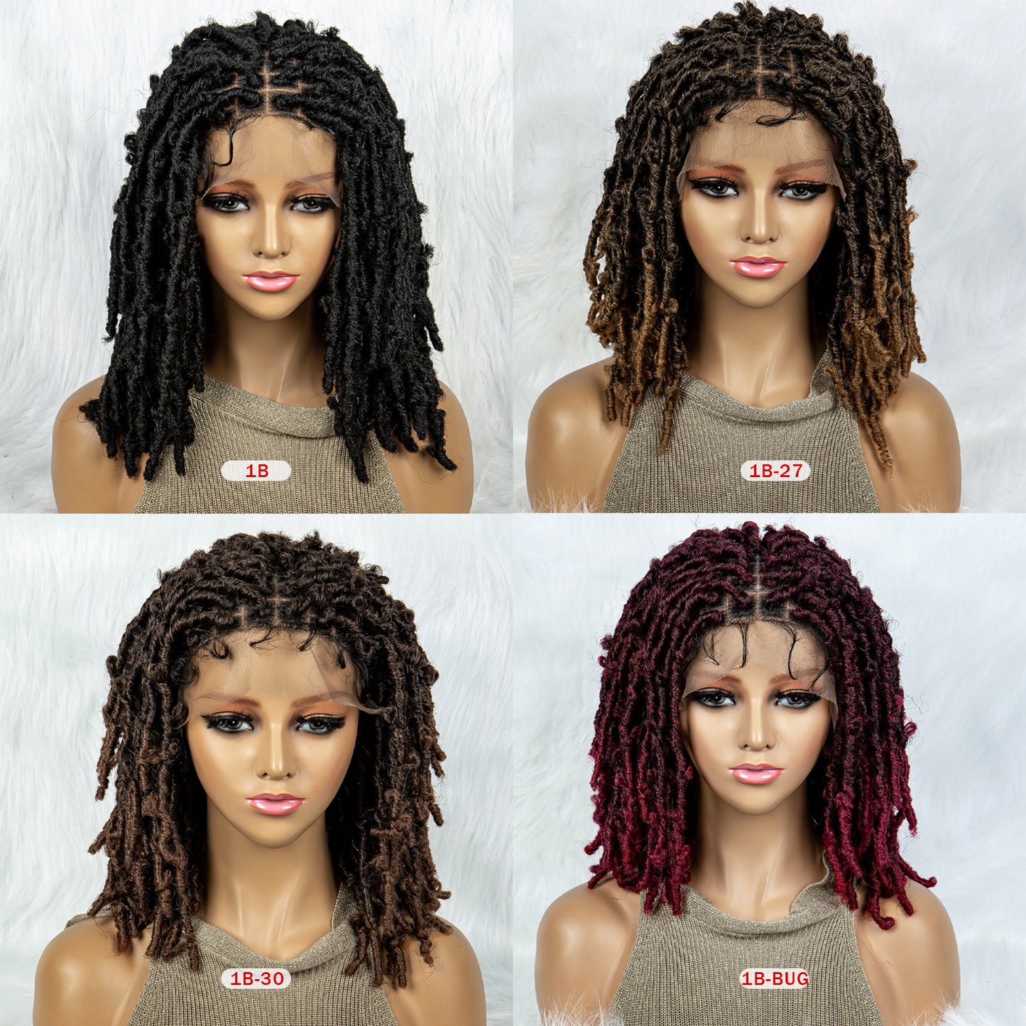 16Inches Medium Length Braided Wigs for Women Short Ombre Brown Red Black Dreadlock Afro Hair Wig Braided Crochet Twist Hair Short Curly Heat Resistant Synthetic Wigs