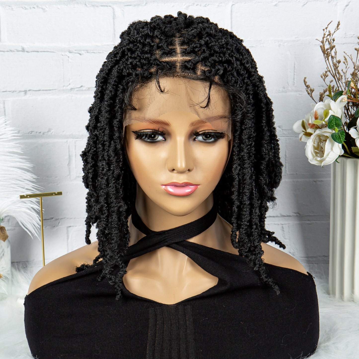 14Inches Short Braided Wig for Women Ombre Black Brown Curly Dreadlock Wig Lace Front Braid Braided Wig Synthetic African Faux Locs Crochet Twist Hair Short Wigs