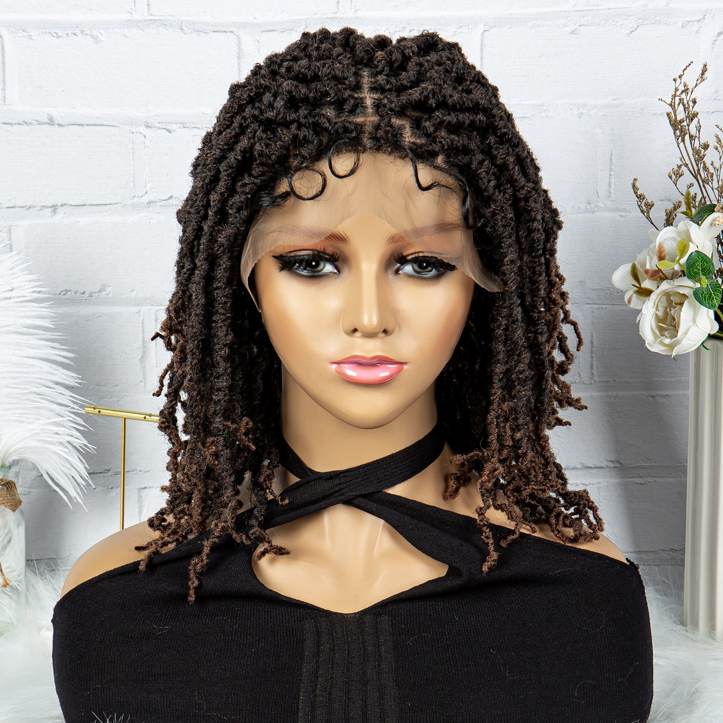 14Inches Short Braided Wig for Women Ombre Black Brown Curly Dreadlock Wig Lace Front Braid Braided Wig Synthetic African Faux Locs Crochet Twist Hair Short Wigs