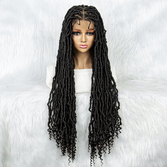 045 Synthetic Full Lace Braided Wig Locs Crochet Natural Braided Hair Curly Ends Artificial Wig Braid Long Curly Black Woman's Wig