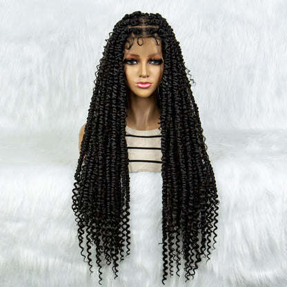 049 Box Braided Full Lace Wigs with Baby Hair for Women Black Brown Red Long Goddess Braid Full Lace Wigs Synthetic Braids Wig with Curly Ends