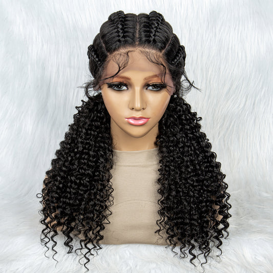 Short Box Braids Lace Frontal Wig with Curly Ends African Synthetic 4 Braid Wig with Baby Hair for Afro France Women Box Braid Wig