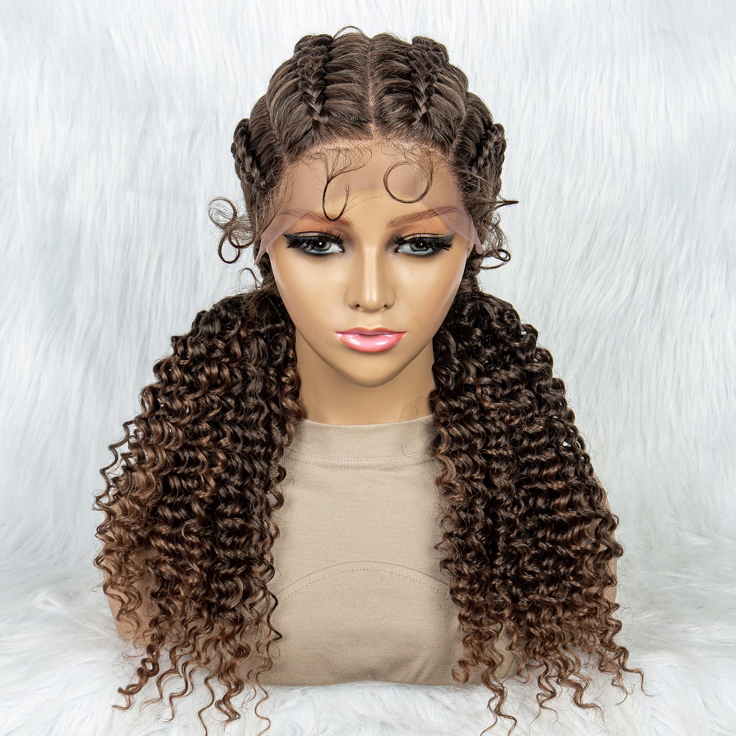 Short Box Braids Lace Frontal Wig with Curly Ends African Synthetic 4 Braid Wig with Baby Hair for Afro France Women Box Braid Wig