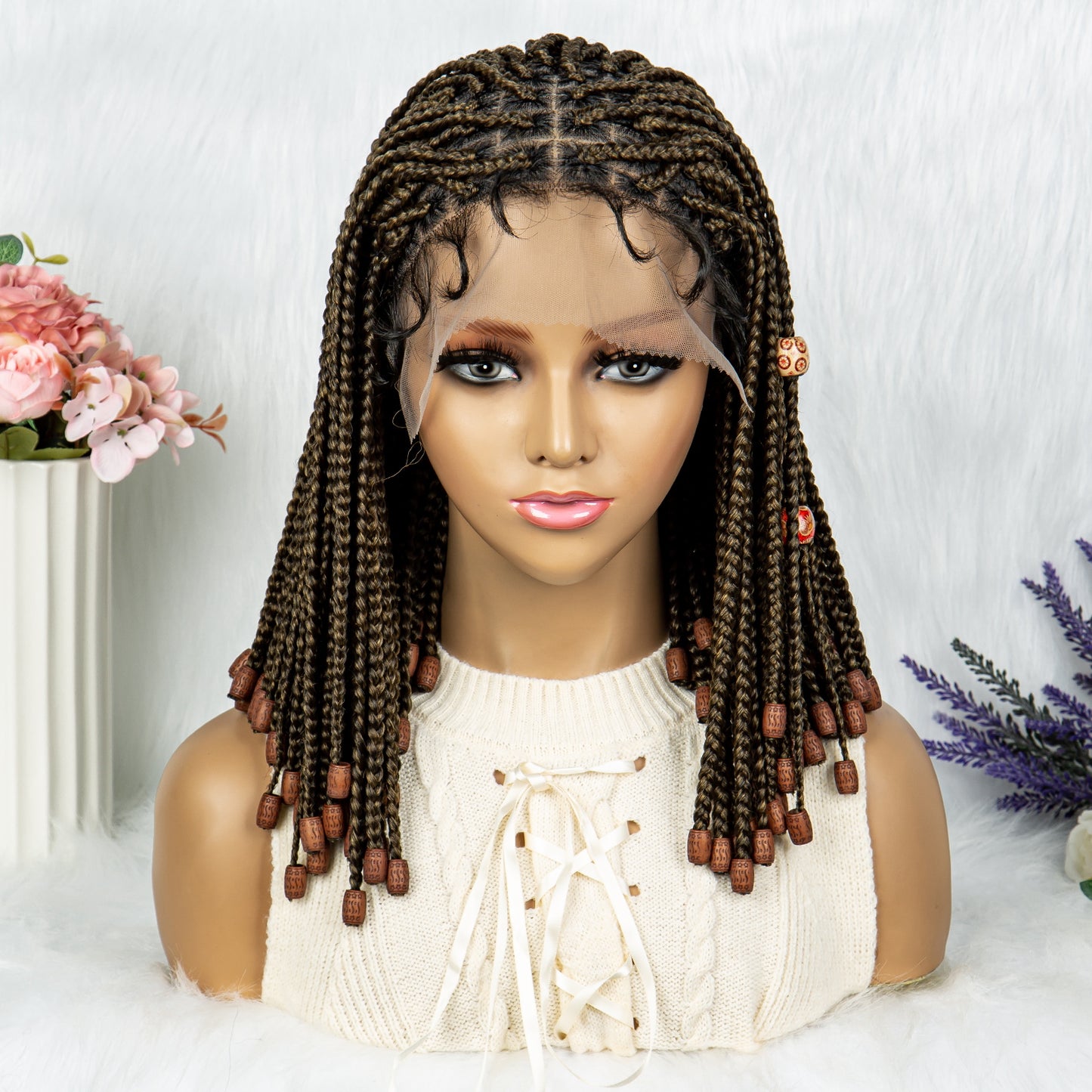 Transparent Synthetic Lace Front Wig Braided Wigs Square Knotless Box Braids Wig with Baby Hair for Black Women 14 Inches