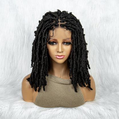 16Inches Medium Length Braided Wigs for Women Short Ombre Brown Red Black Dreadlock Afro Hair Wig Braided Crochet Twist Hair Short Curly Heat Resistant Synthetic Wigs