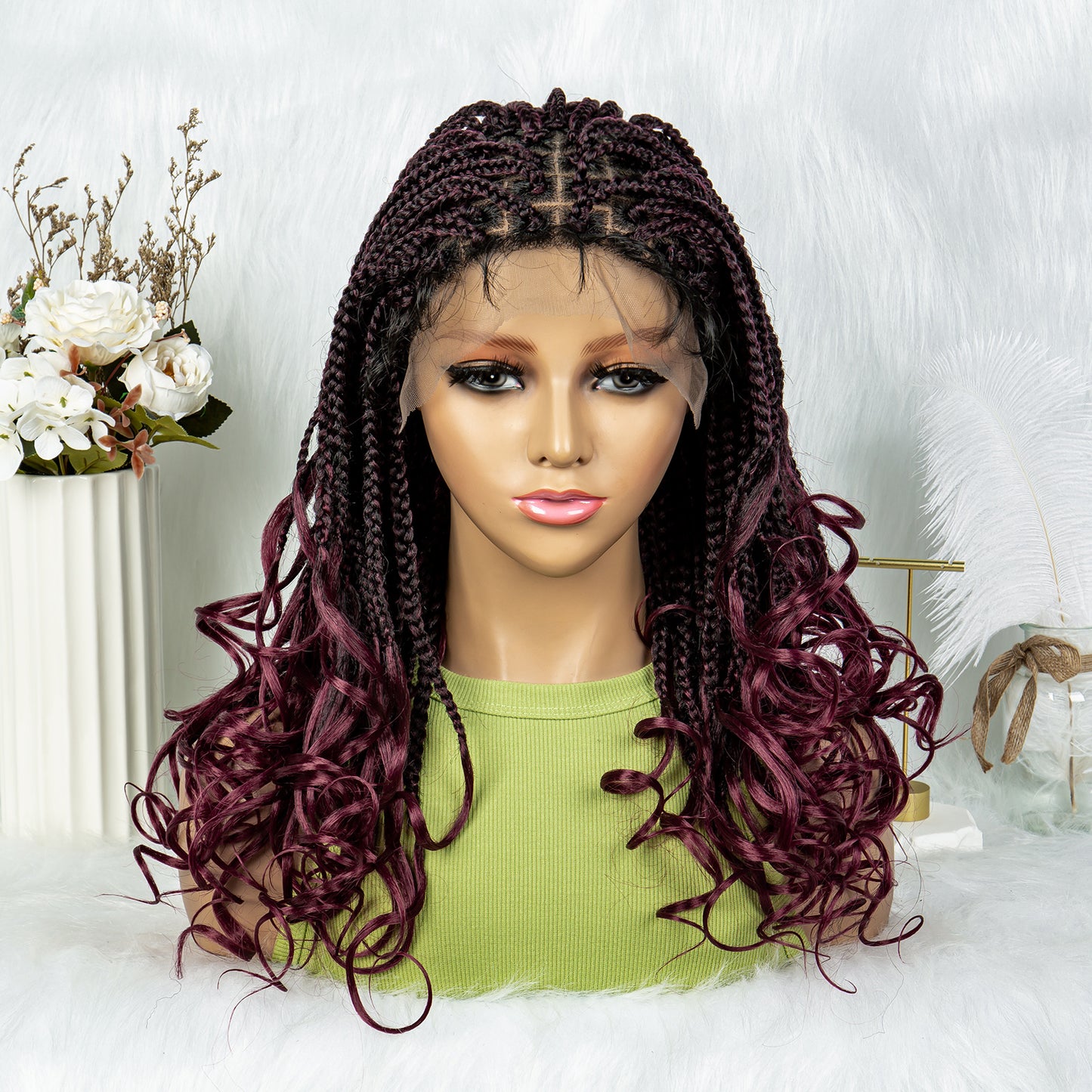 20Inches Medium Length Synthetic Braided Wigs Box Braid Wigs Curly Ends Square Part Box Braided Lace Front Wigs Pre Plucked with Baby Hair for Women