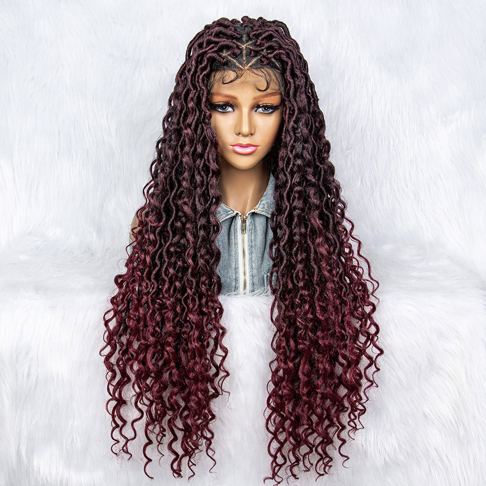 36Inches Full Lace Curly Synthetic Braided Wigs with Baby Hair Natural Color Braid Braiding wigs Ombre Brown Red for Black Women Daily Use