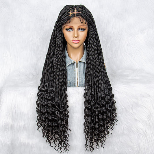 36Inches Curly Synthetic Lace Front Wigs with Baby Hair Long Box Braided Wigs for Black Women Transparent Lace Closure Wig Cronrow Wig Curly Ends