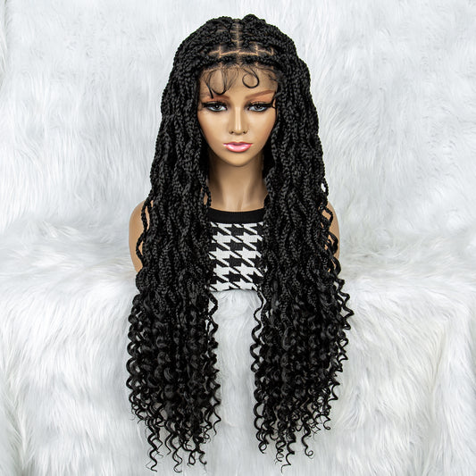 041 Synthetic Lace Front Braided Wigs Goddess Faux Locs Braids Wigs with Curly Ends for Black Women Knotless Box Braiding Hair Wigs