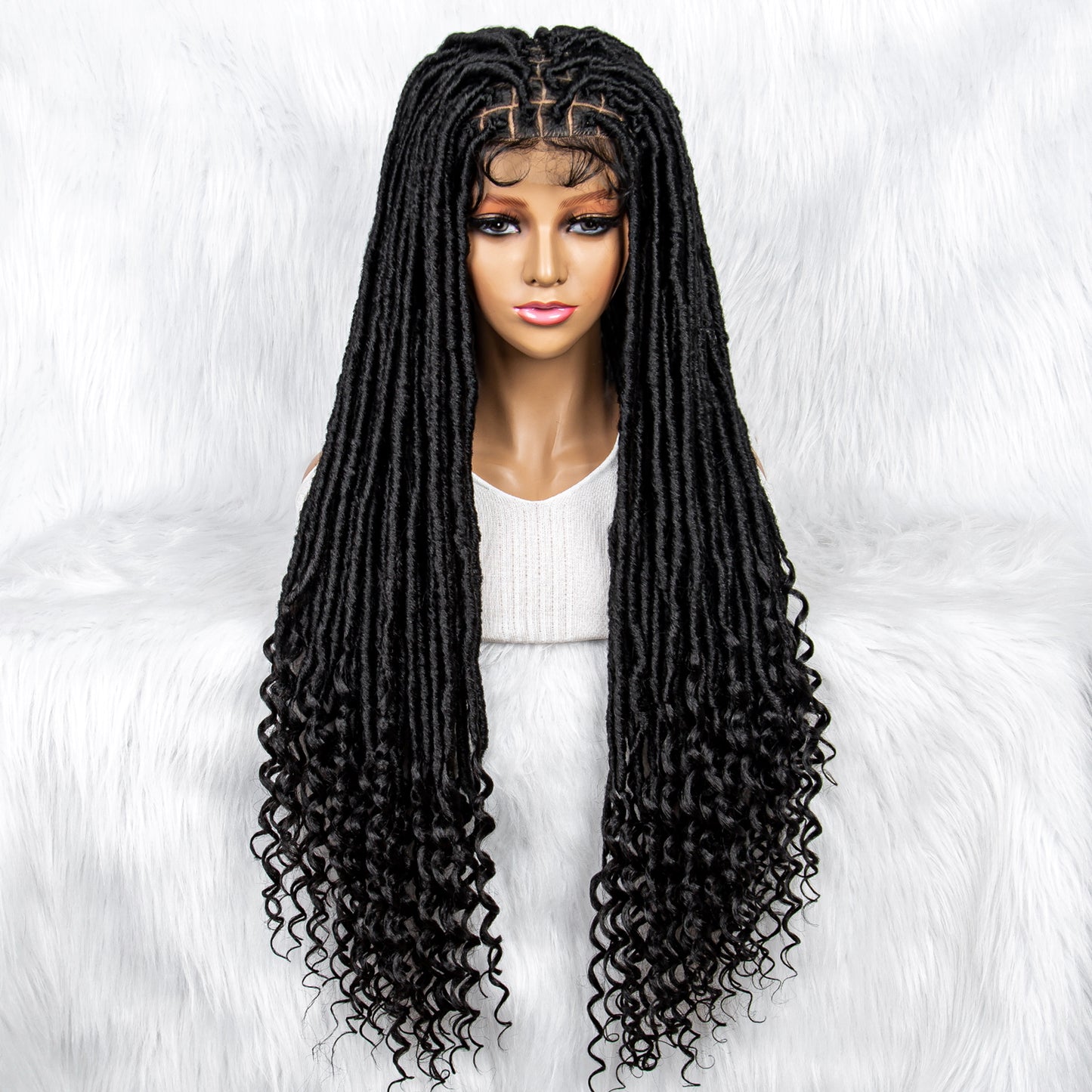 34Inches Curly Ends Wigs Box Braiding Wigs Synthetic Wigs Dreadlocks Braided Wigs Braided Wig for Black Women Daily Use