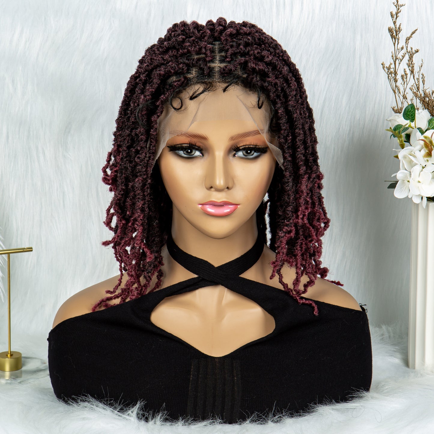 14Inches Short Braided Wig for Women Ombre Black Brown Curly Dreadlock Wig Lace Front Braid Braided Wig Synthetic African Faux Locs Crochet Twist Hair Short Wigs