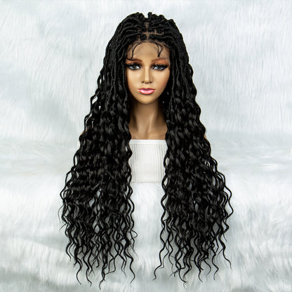 046 Box Braided Full Lace Wigs for Women Dark Brown Ombre Blue Long Goddess Braid Lace Front Wigs Synthetic Braids Wig with Curly Ends