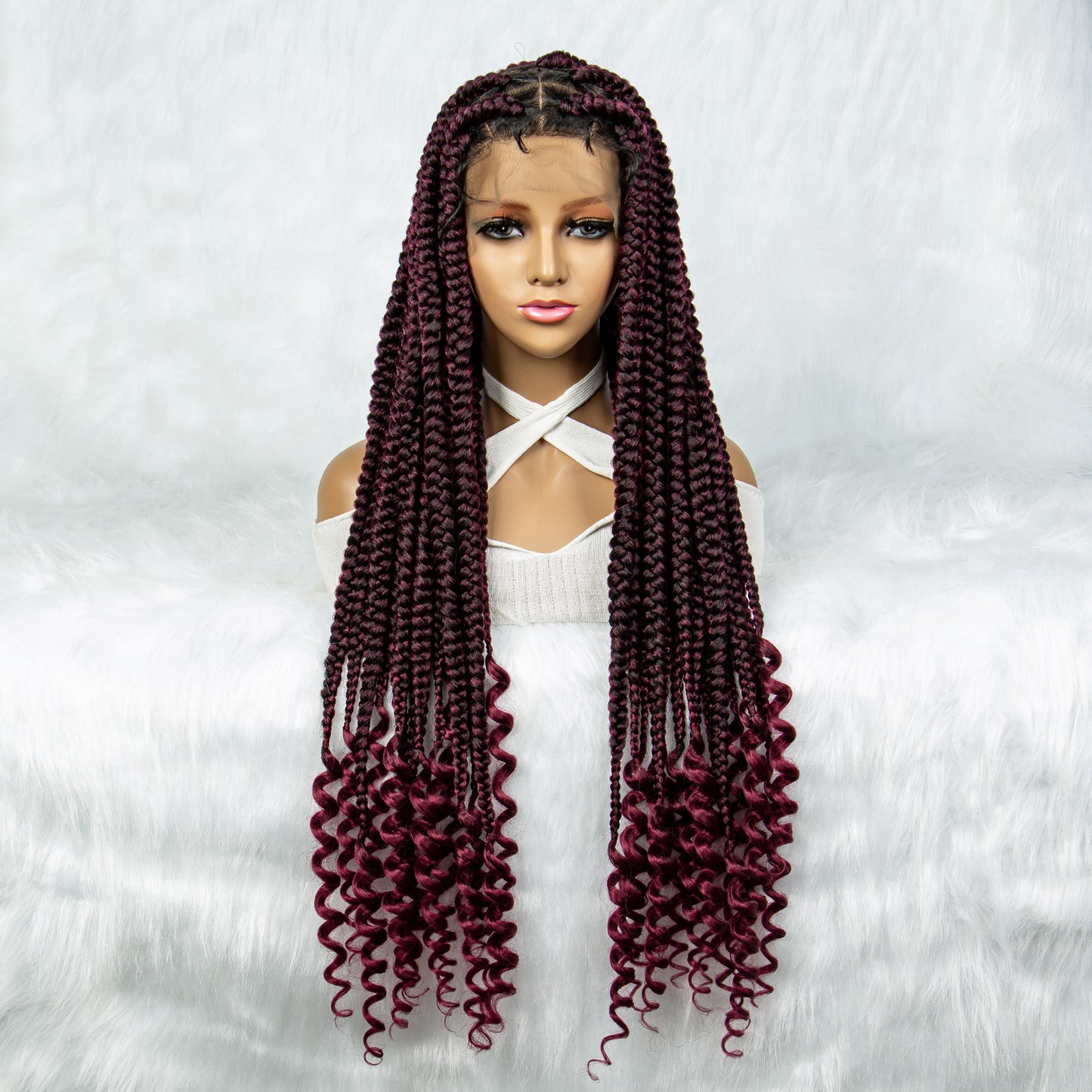 050 Synthetic Full Lace Braided Wigs with Curly Ends for Black Women Lace Frontal Knotless Box Braiding Hair Wig Cornrow Braids Wigs