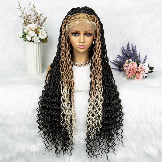 32 Inches Synthetic Lace Front Braided Wig Brown Highlight Box Braid Wigs for Black Women Daily Wear