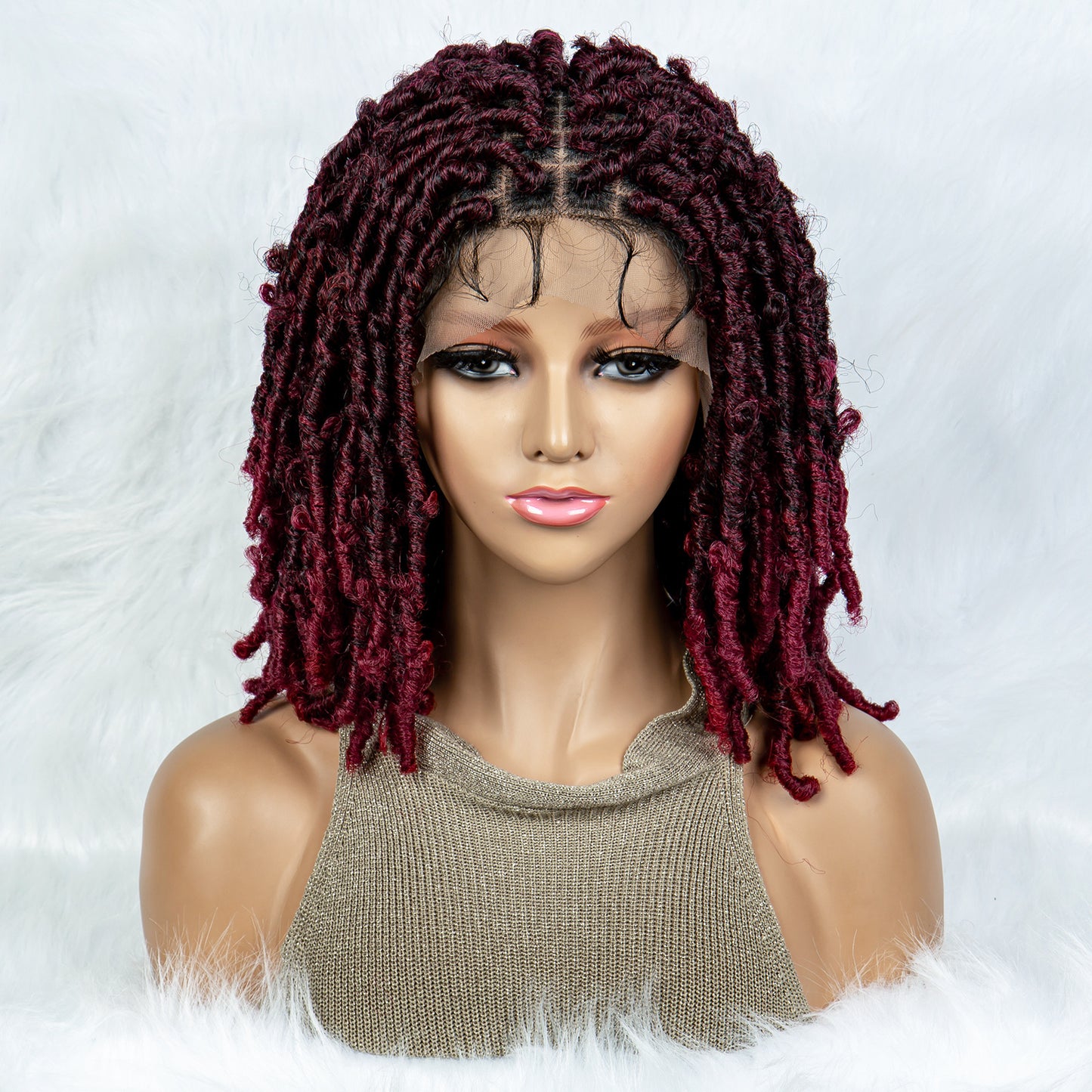 16Inches Medium Length Braided Wigs for Women Short Ombre Brown Red Black Dreadlock Afro Hair Wig Braided Crochet Twist Hair Short Curly Heat Resistant Synthetic Wigs