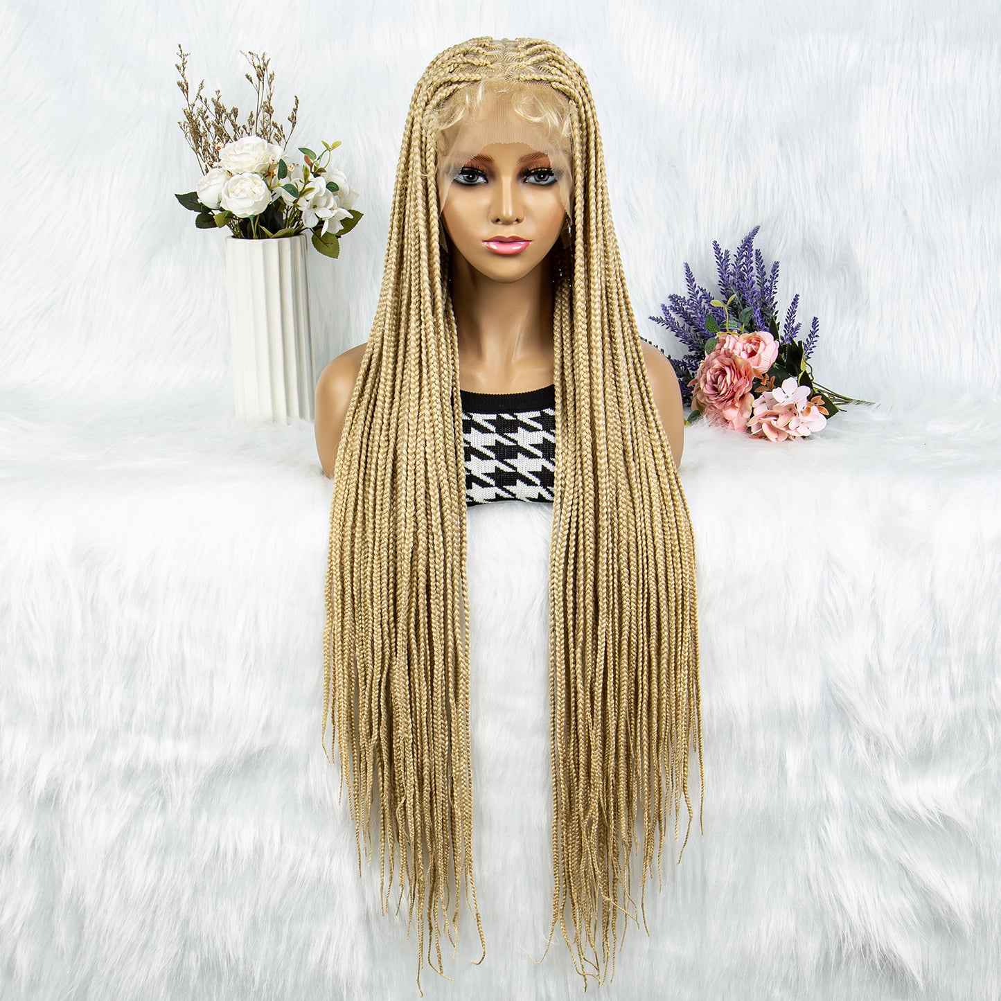 075 Synthetic Full Lace Knotless Box Braided Wigs for Women Lace Frontal Cornrow Braiding Wig with Baby Hair Black Woman's Wig