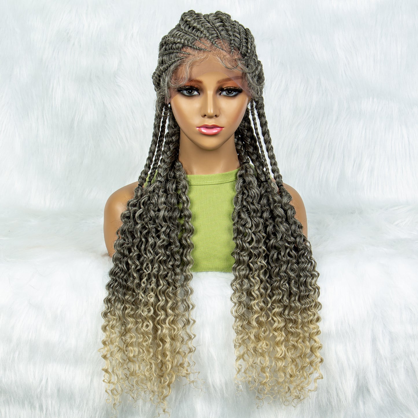 Synthetic Full Lace Braided Wigs with Curly Ends for Black Women Lace Frontal Knotless Box Braiding Hair Wig Cornrow Braids Wigs