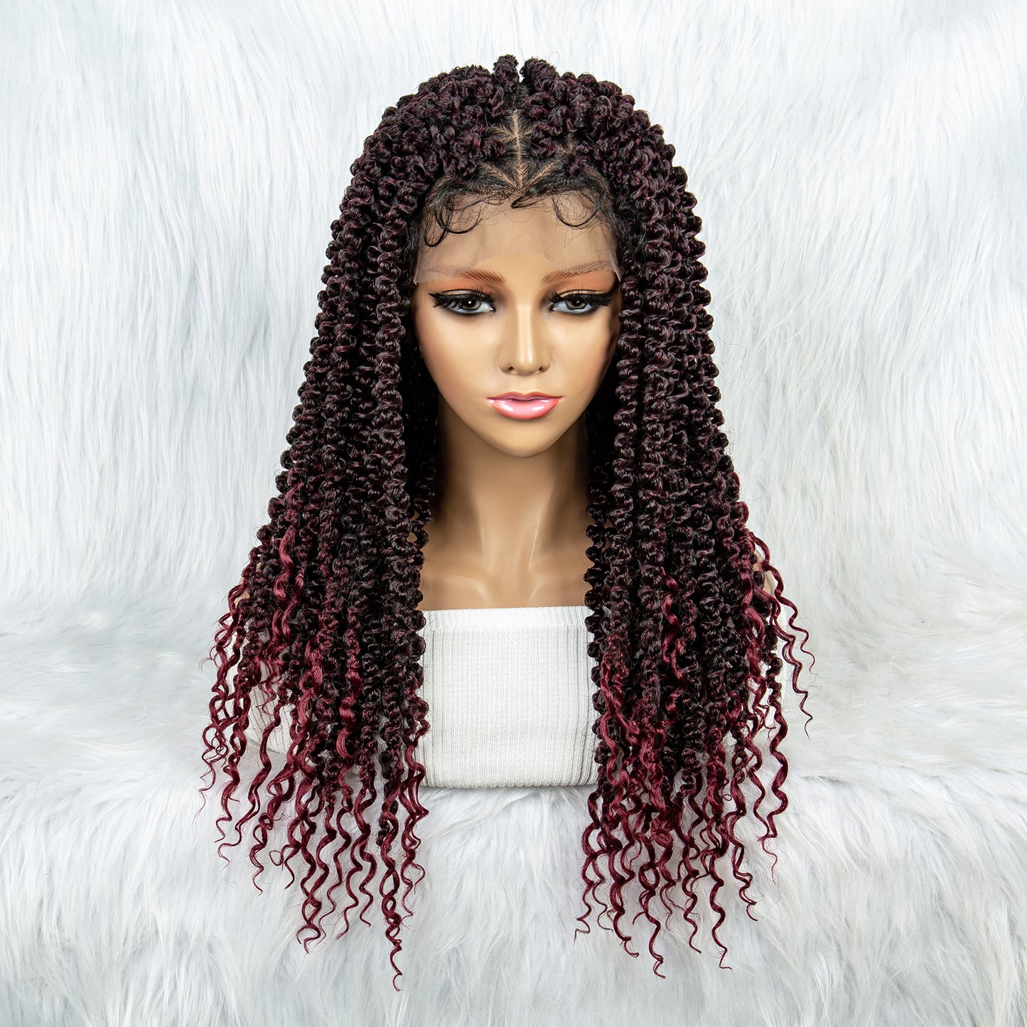 037 Curly Braided Wig Full Lace wig Synthetic Braided Wigs with Baby Hair Ombre Red Brown Wigs Heat Resistant