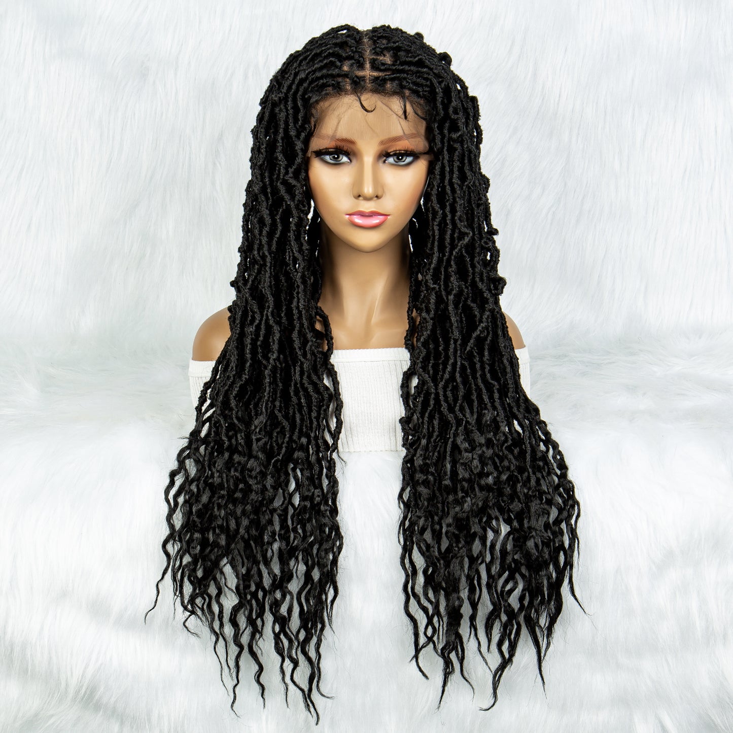 047 Synthetic Full Lace Braided Wigs Goddess Faux Locs Braids Wigs with Curly Ends for Black Women Knotless Box Braiding Hair Wigs