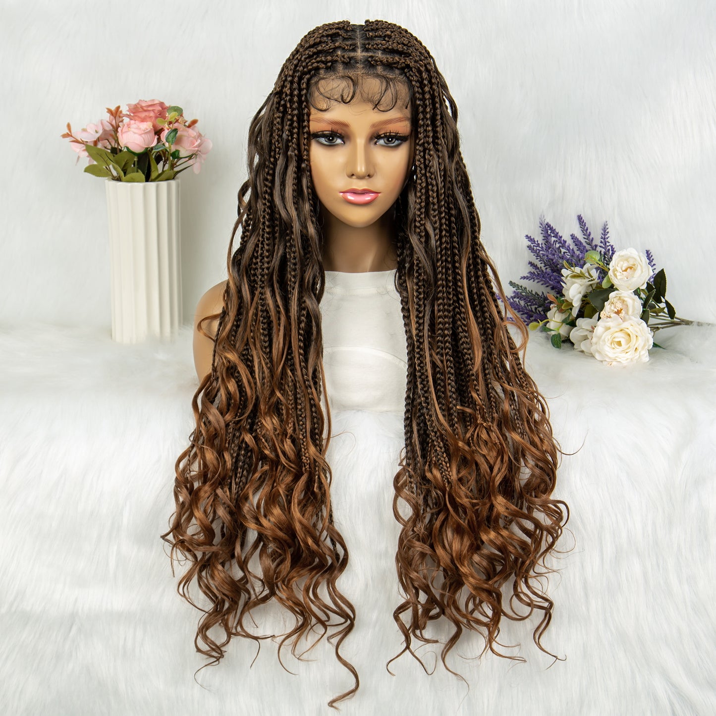 081 Boho Box Braid Crochet Hair 34 Inch Long Goddess Braiding Synthetic Bohemian Braids Curly Ends Hair Extensions for Black Women