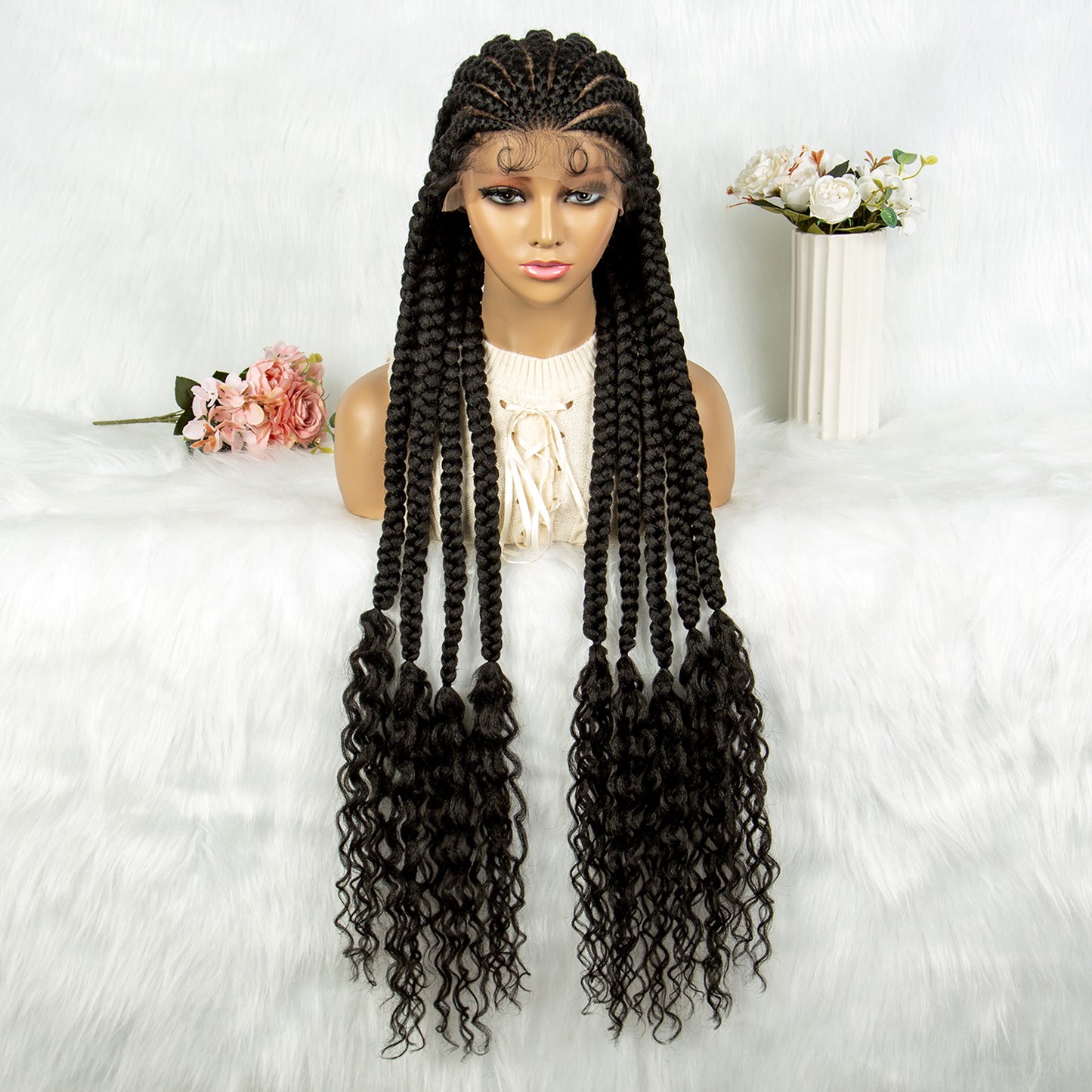 Synthetic Full Lace Braided Wigs with Curly Ends for Black Women Lace Frontal Knotless Box Braiding Hair Wig 9 Braids Cornrow Braids Wigs