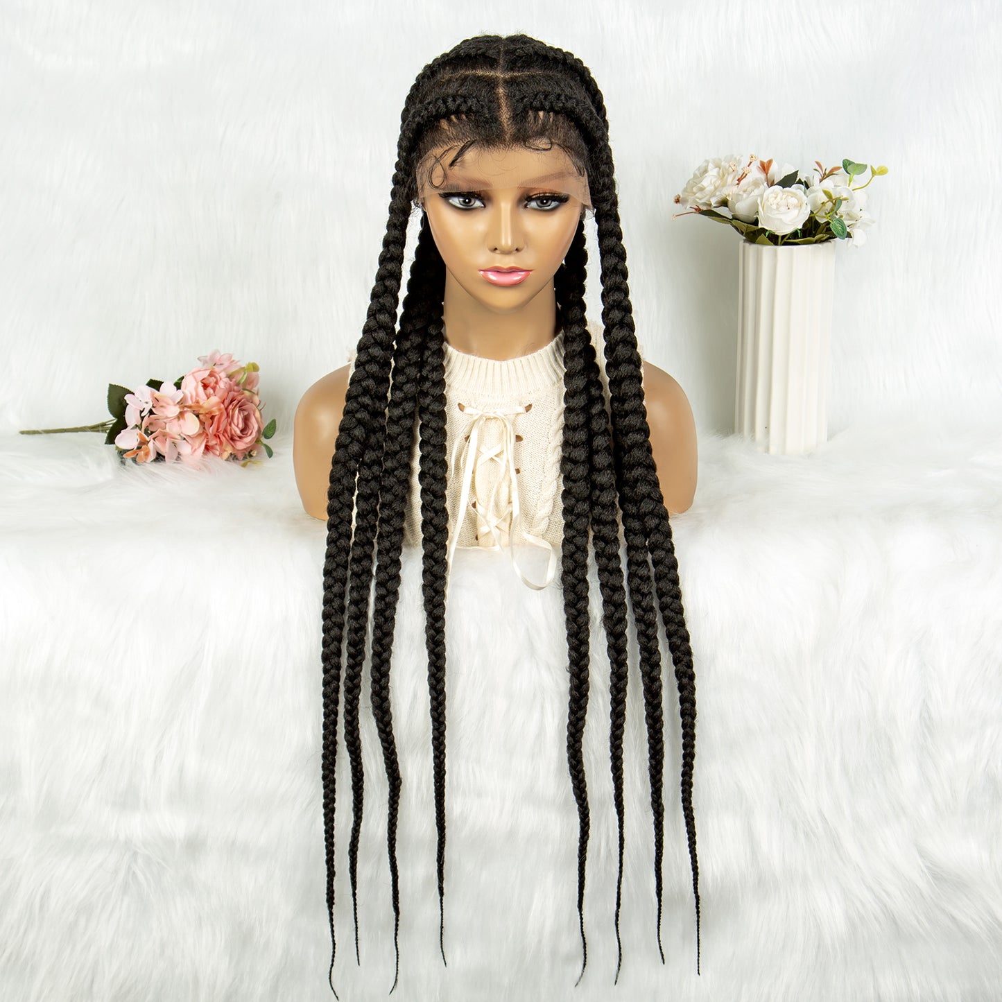 Long Braided Wigs with Baby Hair 8 Braids Natural Colored Glueless Cornrow Big Braiding Briaid Synthetic Wig Pre Plucked For Women