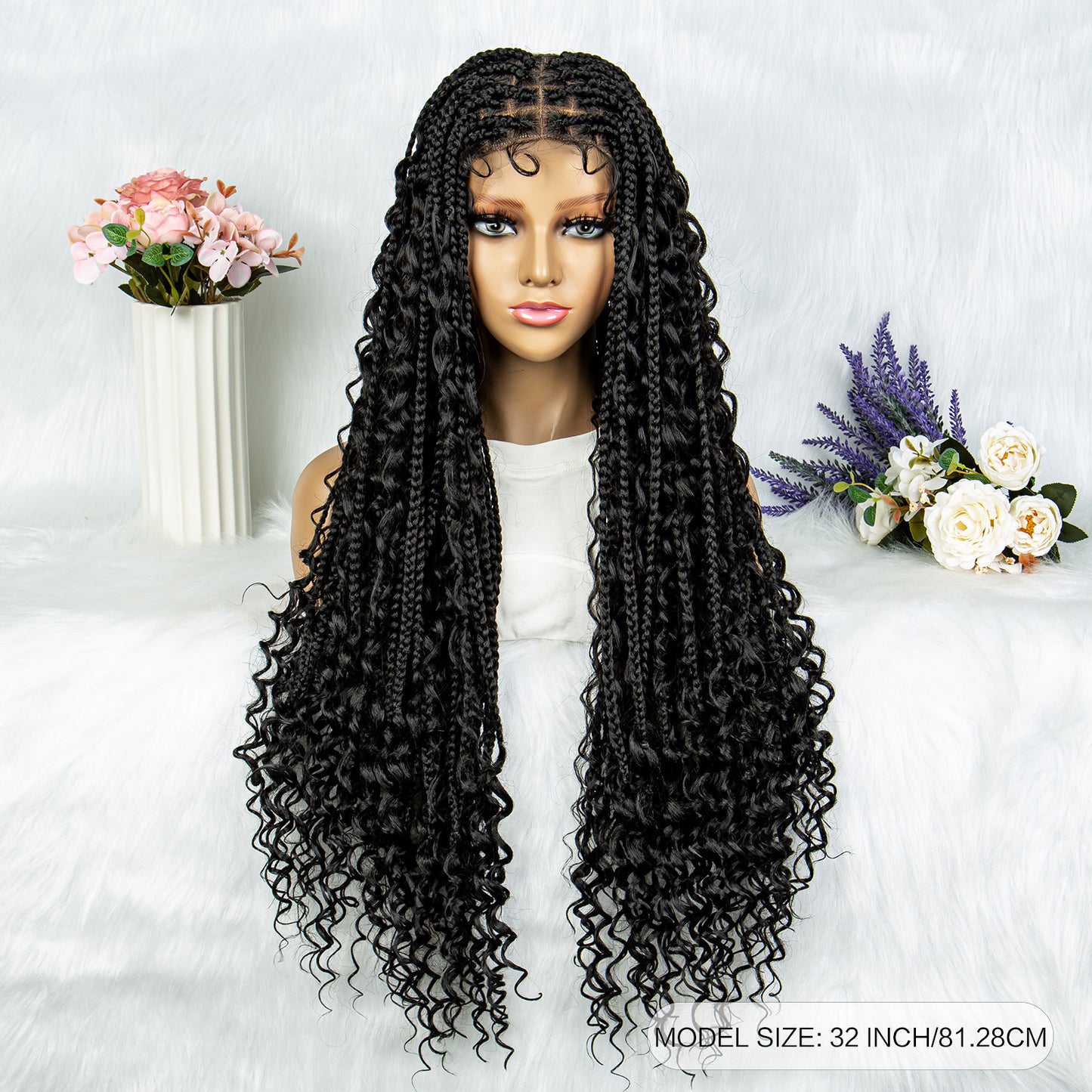 082 Boho Box Braid Crochet Hair 32Inch Long Goddess Braiding 1B Synthetic Bohemian Braids Curly Ends Hair Extensions for Black Women