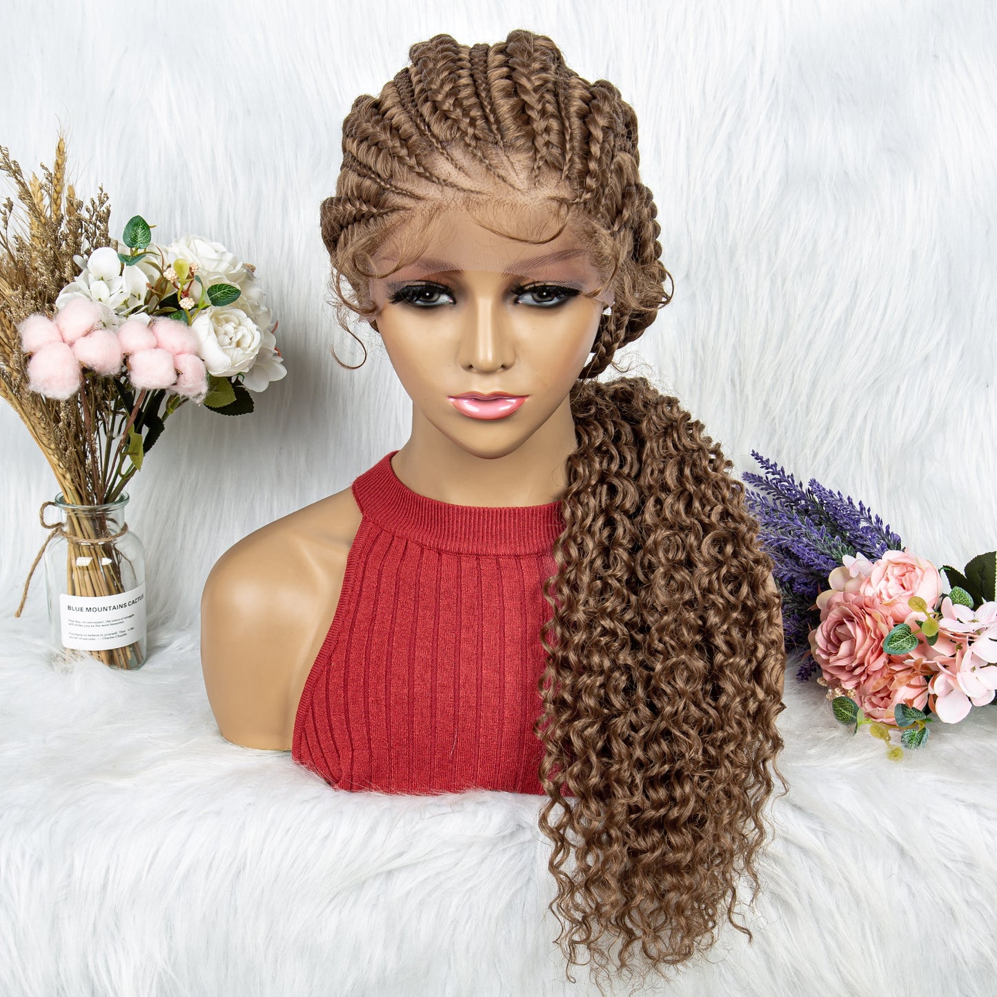 Huge Braid Wig Synthetic Full Lace Braided Wigs with Curly Ends for Black Women Lace Frontal Knotless Box Braiding Hair Wig Cornrow Braids Wigs