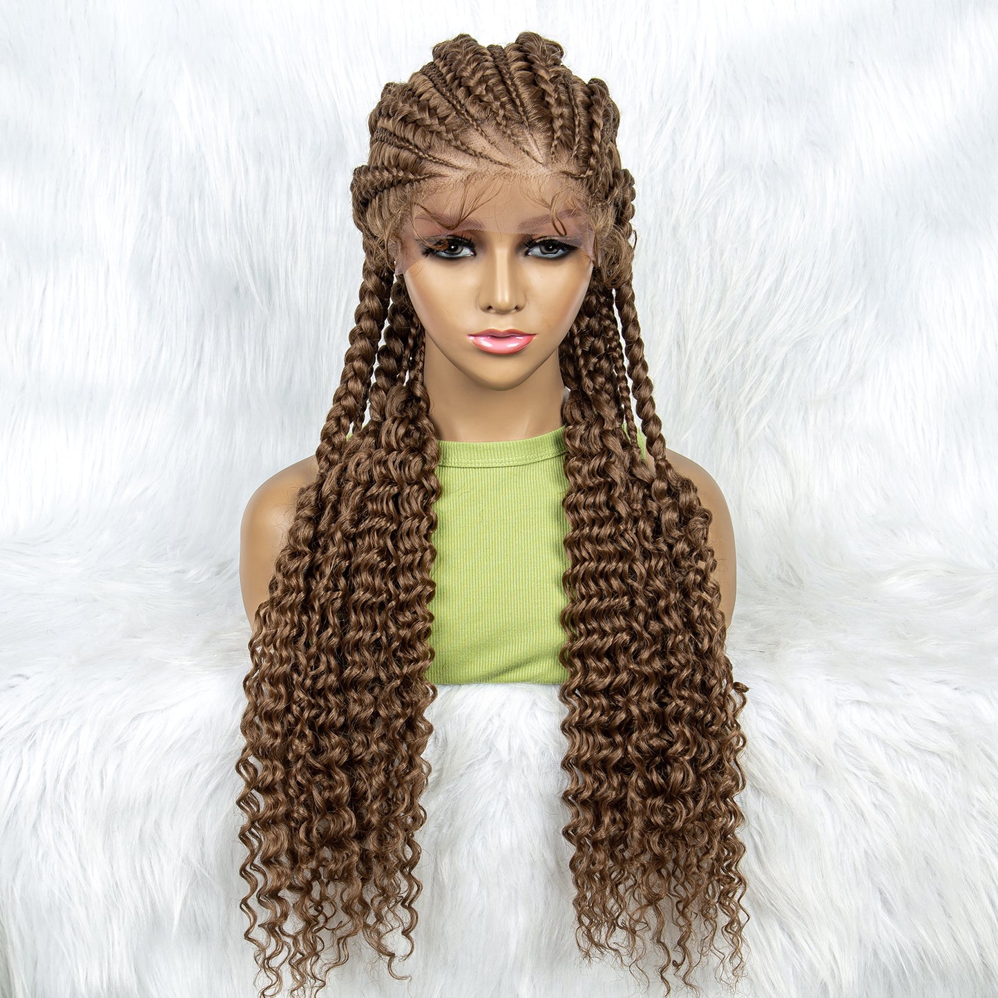 Synthetic Full Lace Braided Wigs with Curly Ends for Black Women Lace Frontal Knotless Box Braiding Hair Wig Cornrow Braids Wigs