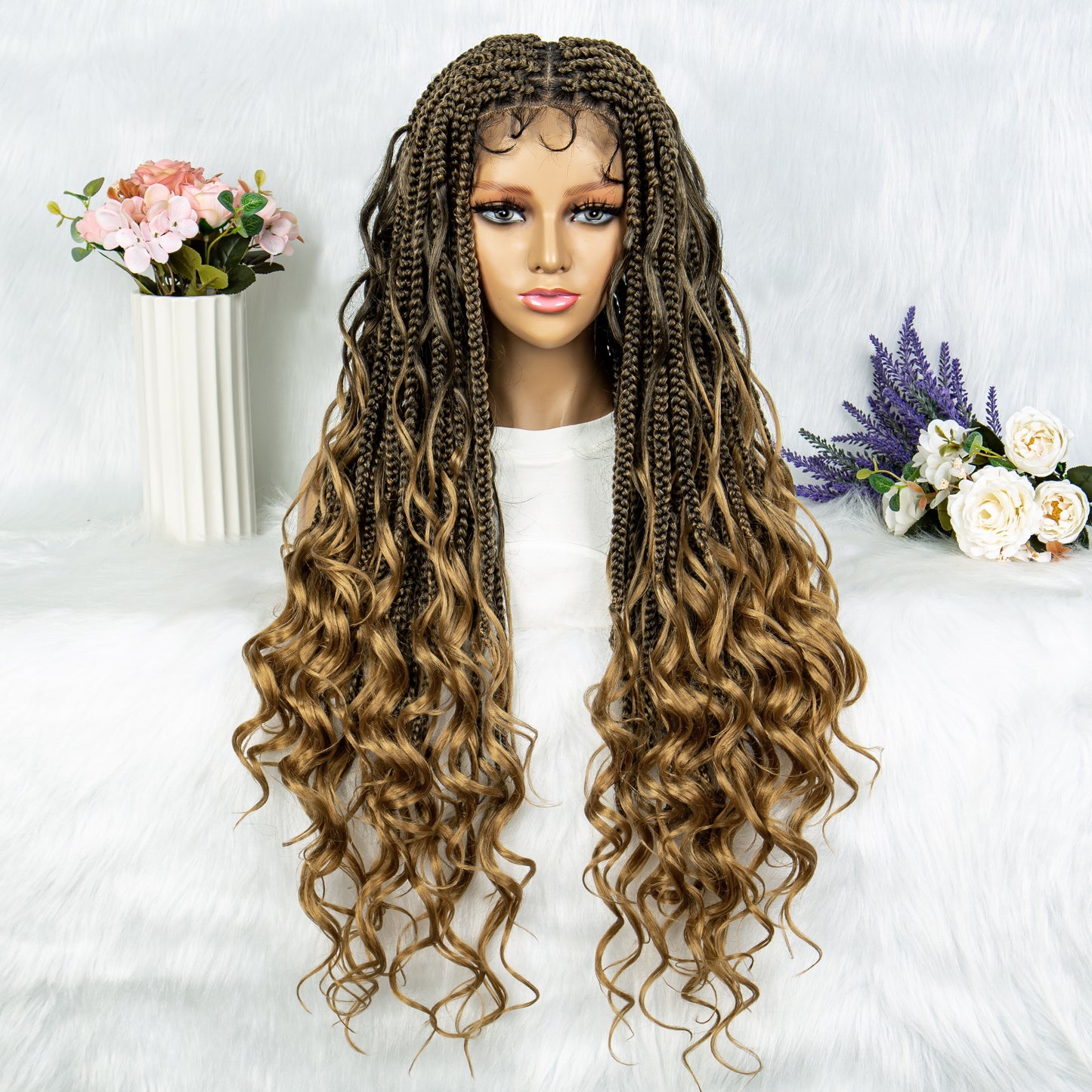 081 Boho Box Braid Crochet Hair 34 Inch Long Goddess Braiding Synthetic Bohemian Braids Curly Ends Hair Extensions for Black Women