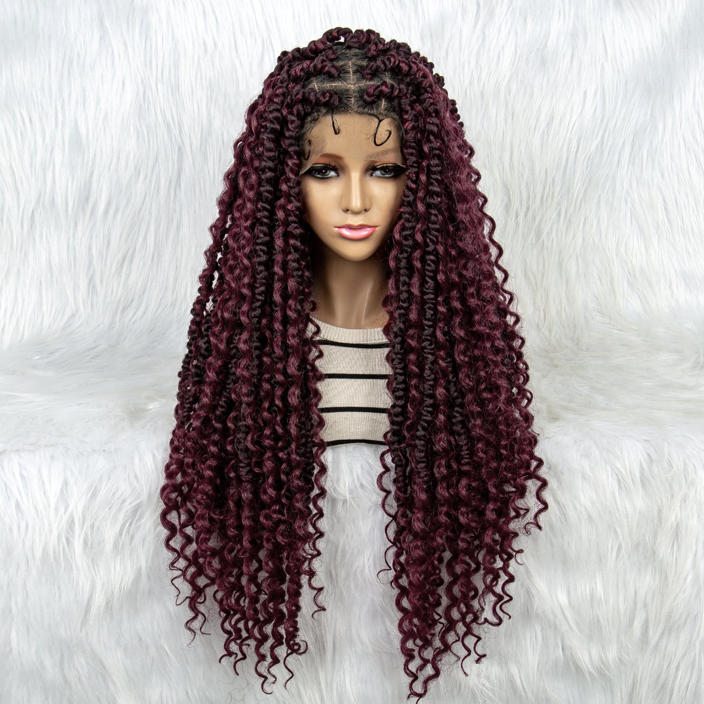 049 Box Braided Full Lace Wigs with Baby Hair for Women Black Brown Red Long Goddess Braid Full Lace Wigs Synthetic Braids Wig with Curly Ends