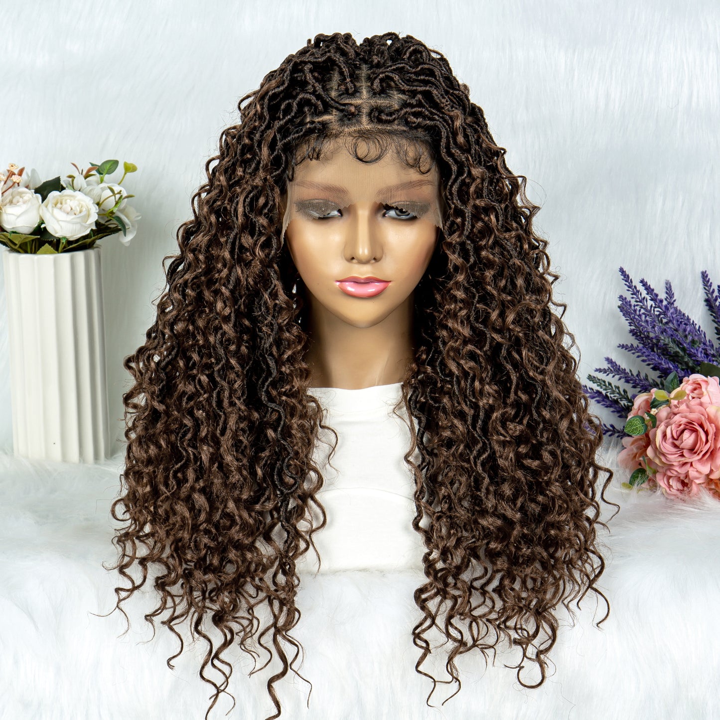 26Inches Synthetic Braided Wigs Box Braid Wigs Curly Ends Square Part Box Braided Lace Front Wigs Pre Plucked with Baby Hair for Women